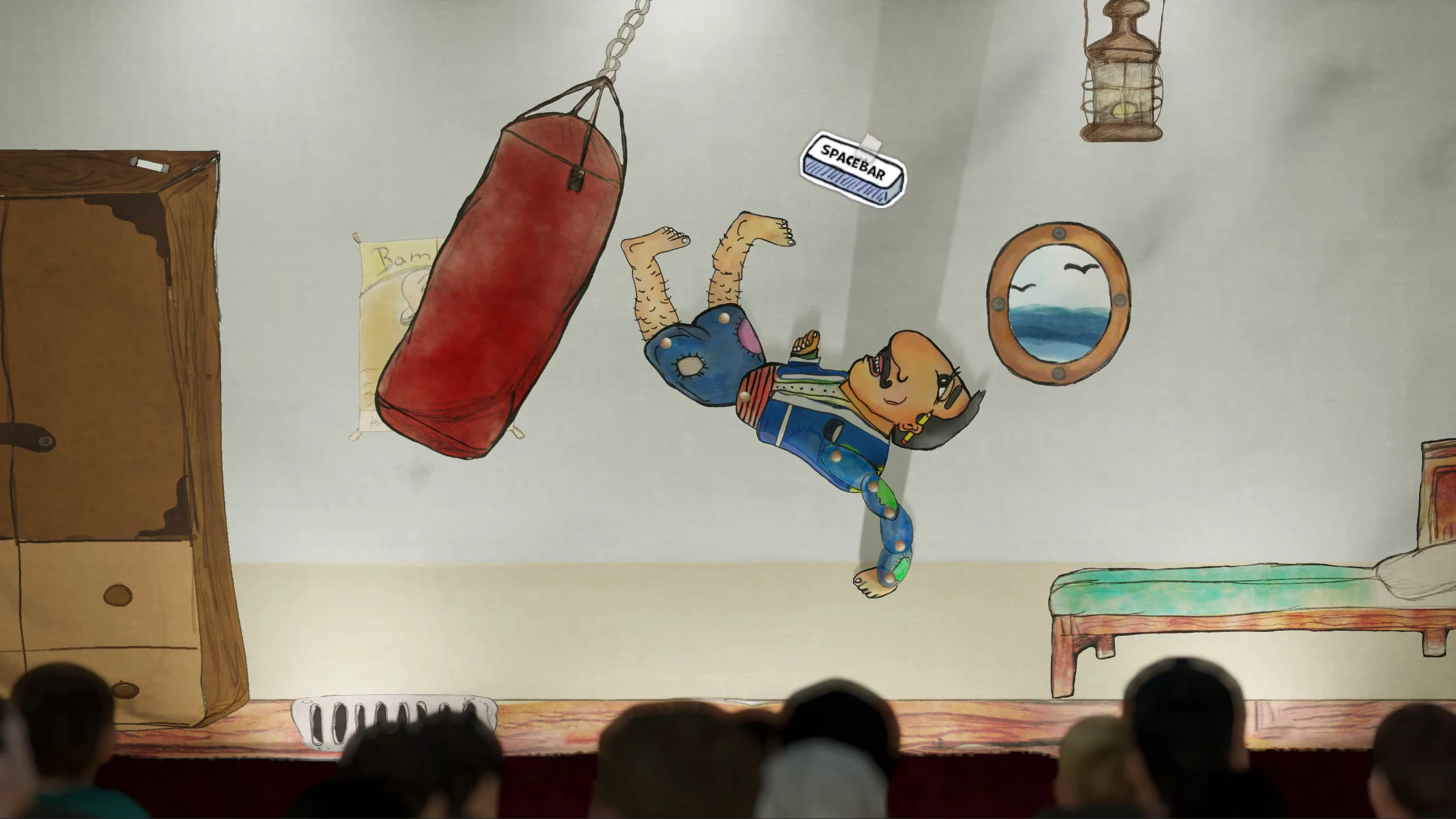 Karagiozis kicking a punching bag